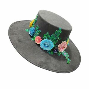Sombrero De Gamuza Negro, Bordado Con Flores De Colores