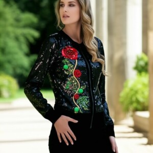 CHAMARRA DE LENTEJUELA NEGRA CON BORDADO EN ROJO